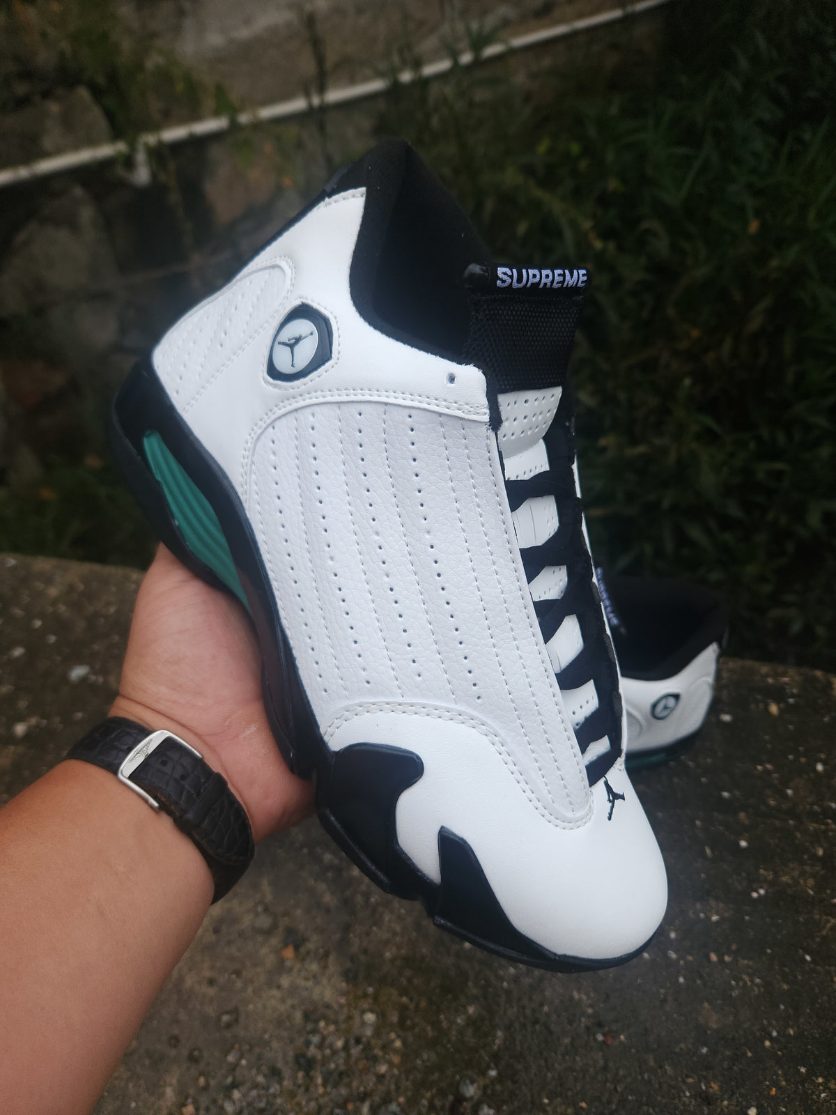 Air Jordan 14 Retro White, Black & Green Sneakers